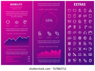 Plantilla de información de movilidad, elementos e iconos. Infograph incluye gráficos personalizables, gráficos, juegos de iconos de línea con tecnología móvil, aplicaciones para smartphones, computación en nube, conexión de red, etc