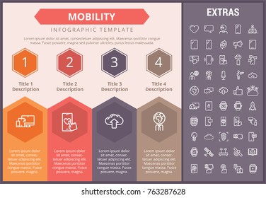 Mobility infographic timeline template, elements and icons. Infograph includes numbered options, line icon set with mobile technology, smartphone application, cloud computing, network connection etc.