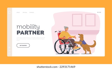 Vorlage für die Landing Page des Mobilitätspartners. Behinderte Seniorinnen auf Rollstuhl begleiten ihren Loyal Guide Hund, der sie bei alltäglichen Aufgaben unterstützt. Vektorgrafik von Cartoon People