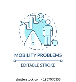 Mobility problems concept icon. Workflow in comany idea thin line illustration. Doing business. Business trip restrictions. Vector isolated outline RGB color drawing. Editable stroke