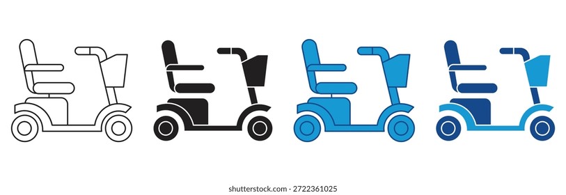  Conjunto de iconos de scooter de movilidad.  Camión de entrega de envío rápido, icono eléctrico de la vespa de la silla de ruedas aislado en el fondo blanco. Ilustración vectorial.