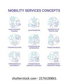 Mobility as service blue gradient concept icons set. Urban infrastructure. Transport services. Maas idea thin line color illustrations. Isolated symbols. Roboto-Medium, Myriad Pro-Bold fonts used