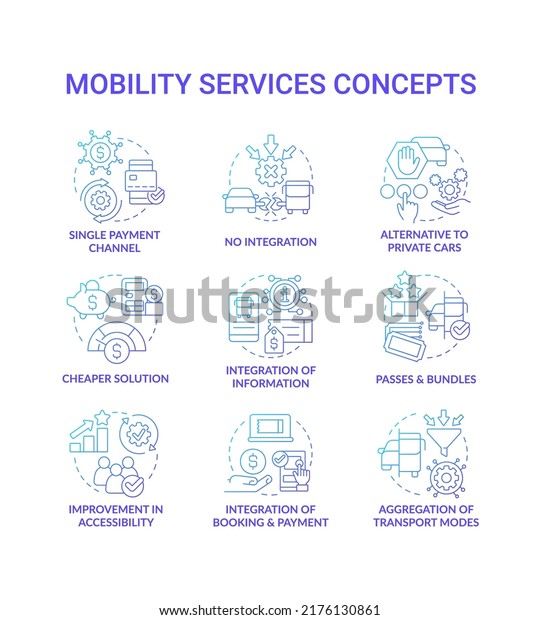 Mobility as service blue gradient concept icons set.\
Urban infrastructure. Transport services. Maas idea thin line color\
illustrations. Isolated symbols. Roboto-Medium, Myriad Pro-Bold\
fonts used