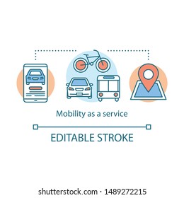 Mobility as a service concept icon. MaaS. Trip planner. Combining transportation services using mobile application idea thin line illustration. Vector isolated outline drawing. Editable stroke