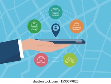 mobility as a service image,hand holding smartphone,vector illustration