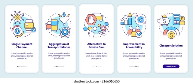 Movilidad como valor de servicio a bordo de la pantalla de aplicación móvil. Funciones a través de 5 pasos instrucciones gráficas editables con conceptos lineales. UI, UX, plantilla GUI. Multitud de tipos de letra Pro-Bold, con uso regular