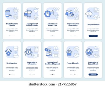 Servicios de movilidad pantalla de aplicación móvil azul claro incorporado. Recorrido urbano 5 pasos instrucciones gráficas editables con conceptos lineales. UI, UX, plantilla GUI. Multitud de tipos de letra Pro-Bold, con uso regular