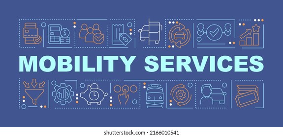 Mobility services word concepts dark blue banner. Transport system. Infographics with editable icons on color background. Isolated typography. Vector illustration with text. Arial-Black font used