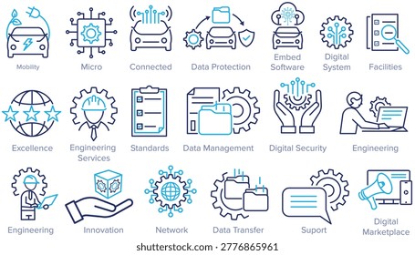 Mobility Sustainability and Tech Icons, Modern line icon set focused on mobility, sustainability, and technology concepts. Includes automotive service workflow,