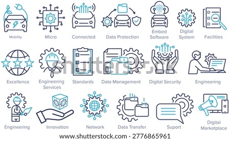 Mobility Sustainability and Tech Icons, Modern line icon set focused on mobility, sustainability, and technology concepts. Includes automotive service workflow,