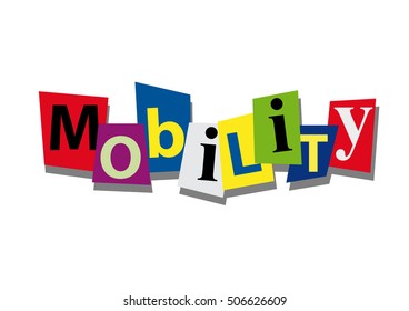 mobility, word and text cut from paper, in flat design