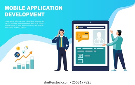Mobille applicatoon development. Business people research financial market on tablet monitor, coworking, project, SMM, SEO. Remote work, presentation banner design. Businessmen. Vector illustration