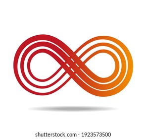 Mobius loop made of three red lines of heterogeneous thickness. Infinity symbol