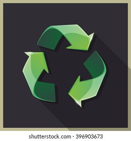 Mobius Loop, Recycling icon, recast icon, three green arrows, arrow triangle sticker, green arrows gray background 
