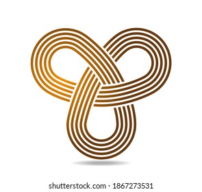 Mobius loop with three elements made of golden staff. Five golden lines