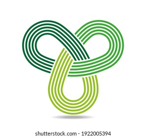 Mobius loop with three elements made of staff. Five lines in greens. Infinity symbol