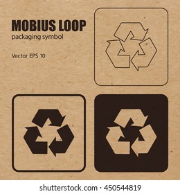 Mobius Loop Vector Packaging Symbol On Vector Cardboard Background. Handling Mark On Craft Paper Background. Can Be Used On A Box Or Packaging. Vector EPS 10.