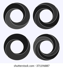 Mobius strip. Circular shape with inverted side. Closed dimensional loop.  Logo symbolizes infinite, repetition, recurrence. Abstract vector illustration. Set of four circular shapes.