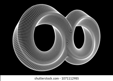 Mobius strip ring infinity sacred geometry. Spatial figure with upturned surfaces. Optical illusion with dual circular contour. Wireframe low poly mesh vector illustration.