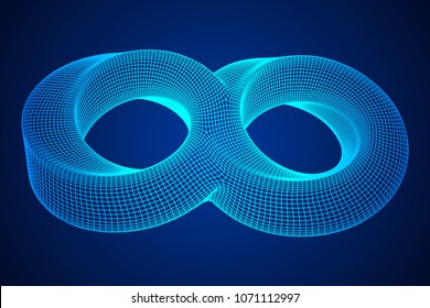 Mobius strip ring infinity sacred geometry. Spatial figure with upturned surfaces. Optical illusion with dual circular contour. Wireframe low poly mesh vector illustration.