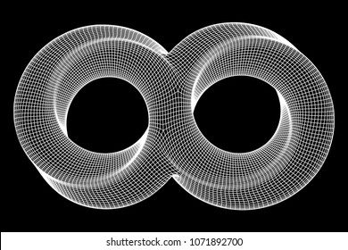 Mobius strip ring infinity sacred geometry. Spatial figure with upturned surfaces. Optical illusion with dual circular contour. Wireframe low poly mesh vector illustration.