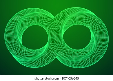Mobius strip ring infinity sacred geometry. Spatial figure with upturned surfaces. Optical illusion with dual circular contour. Wireframe low poly mesh vector illustration.