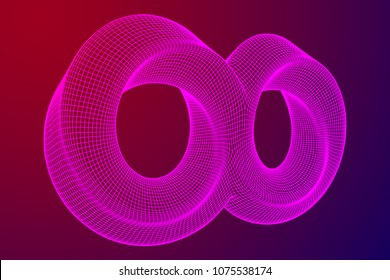 Geometria sagrada infinita do anel de tira Mobius. Figura espacial com superfícies viradas. Ilusão óptica com contorno circular duplo. Ilustração do vetor de malha de baixo poli do modelo de arames.