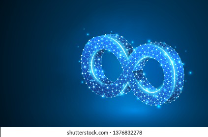 Mobius strip ring infinity sacred geometry. Digital wireframe low poly mesh, vector neon 3d illustration. Abstract endless, infinite structure concept. Triangles, lines, dots on blue background