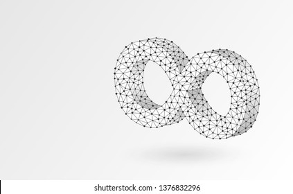 Mobius strip ring infinity sacred geometry. Digital wireframe low poly mesh, vector origami 3d illustration. Abstract endless, infinite structure concept. Triangles, lines, dots on white background