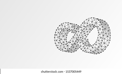 Mobius strip ring infinity sacred geometry. Digital, wireframe, low poly mesh, vector origami 3d illustration. Abstract endless, infinite structure concept. Triangles, lines, dots on white background