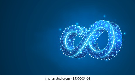 Mobius strip ring infinity sacred geometry. Digital, wireframe, low poly mesh, vector neon 3d illustration. Abstract endless, infinite structure concept. Triangles, lines, dots on blue background