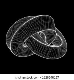 Mobius strip ring knot sacred geometry. Spatial figure with upturned surfaces. Optical illusion with dual circular contour. Wireframe low poly mesh vector illustration.