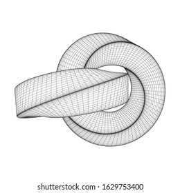 Mobius strip ring knot sacred geometry. Spatial figure with upturned surfaces. Optical illusion with dual circular contour. Wireframe low poly mesh vector illustration.