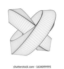 Mobius strip ring knot sacred geometry. Spatial figure with upturned surfaces. Optical illusion with dual circular contour. Wireframe low poly mesh vector illustration.