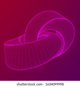 Mobius strip ring knot sacred geometry. Spatial figure with upturned surfaces. Optical illusion with dual circular contour. Wireframe low poly mesh vector illustration.