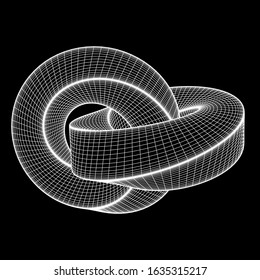 Mobius strip ring knot sacred geometry. Spatial figure with upturned surfaces. Optical illusion with dual circular contour. Wireframe low poly mesh vector illustration.