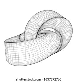 Mobius strip ring knot sacred geometry. Spatial figure with upturned surfaces. Optical illusion with dual circular contour. Wireframe low poly mesh vector illustration.