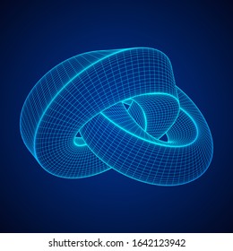 Mobius strip ring knot sacred geometry. Spatial figure with upturned surfaces. Optical illusion with dual circular contour. Wireframe low poly mesh vector illustration.