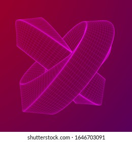 Mobius strip ring knot sacred geometry. Spatial figure with upturned surfaces. Optical illusion with dual circular contour. Wireframe low poly mesh vector illustration.