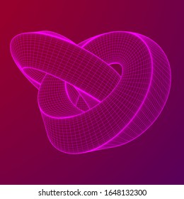 Mobius strip ring knot sacred geometry. Spatial figure with upturned surfaces. Optical illusion with dual circular contour. Wireframe low poly mesh vector illustration.