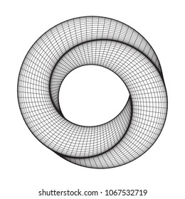 Mobius strip ring sacred geometry. Spatial figure with upturned surfaces. Optical illusion with dual circular contour. Wireframe low poly mesh vector illustration.