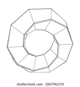 Mobius strip ring sacred geometry. Spatial figure with upturned surfaces. Optical illusion with dual circular contour. Wireframe low poly mesh vector illustration.