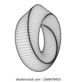 Mobius strip ring sacred geometry. Spatial figure with upturned surfaces. Optical illusion with dual circular contour. Wireframe low poly mesh vector illustration.