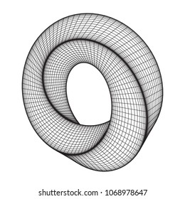 Mobius strip ring sacred geometry. Spatial figure with upturned surfaces. Optical illusion with dual circular contour. Wireframe low poly mesh vector illustration.