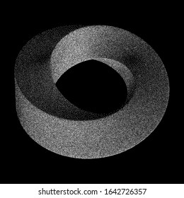 Mobius strip ring sacred geometry. Spatial figure with upturned surfaces. Optical illusion with dual circular contour. Dotwork Frame. Halftone Style Monochrome Gradient Illustration.