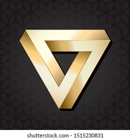 Mobius Triangle Loop Glossy Gold Style Impossible Geometric Figure - Golden Isometric Object on Repeating Cube Pattern Wallpaper Background - Vector Outline Graphic Design