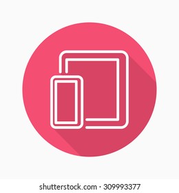Mobole device icon with long shadow ,flat design , thin line style, vector 