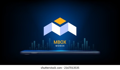 MOBOX Kryptowährung Token Symbol kommt aus Smartphone. Münzsymbol auf dunklem Hintergrund. Handel mit Kryptowährung auf dem Aktienmarkt auf Antrag. Für Website oder Banner. Vektorgrafik-Illustrator.
