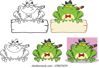 Mobster Frog Over A Sign Cartoon Character. Set Vector Collection