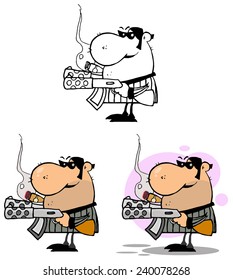 Mobster Holding Two Machine Guns And Smoking A Cigar. Vector Collection Set